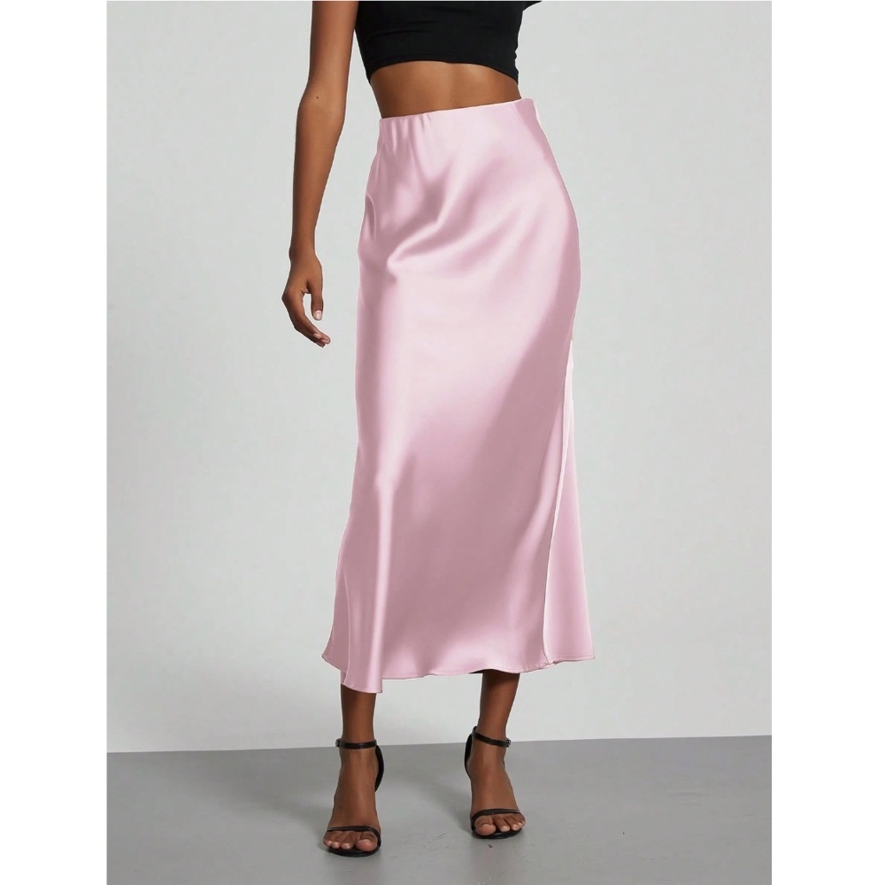 Pink Satin A-Line Skirt High Waisted Long